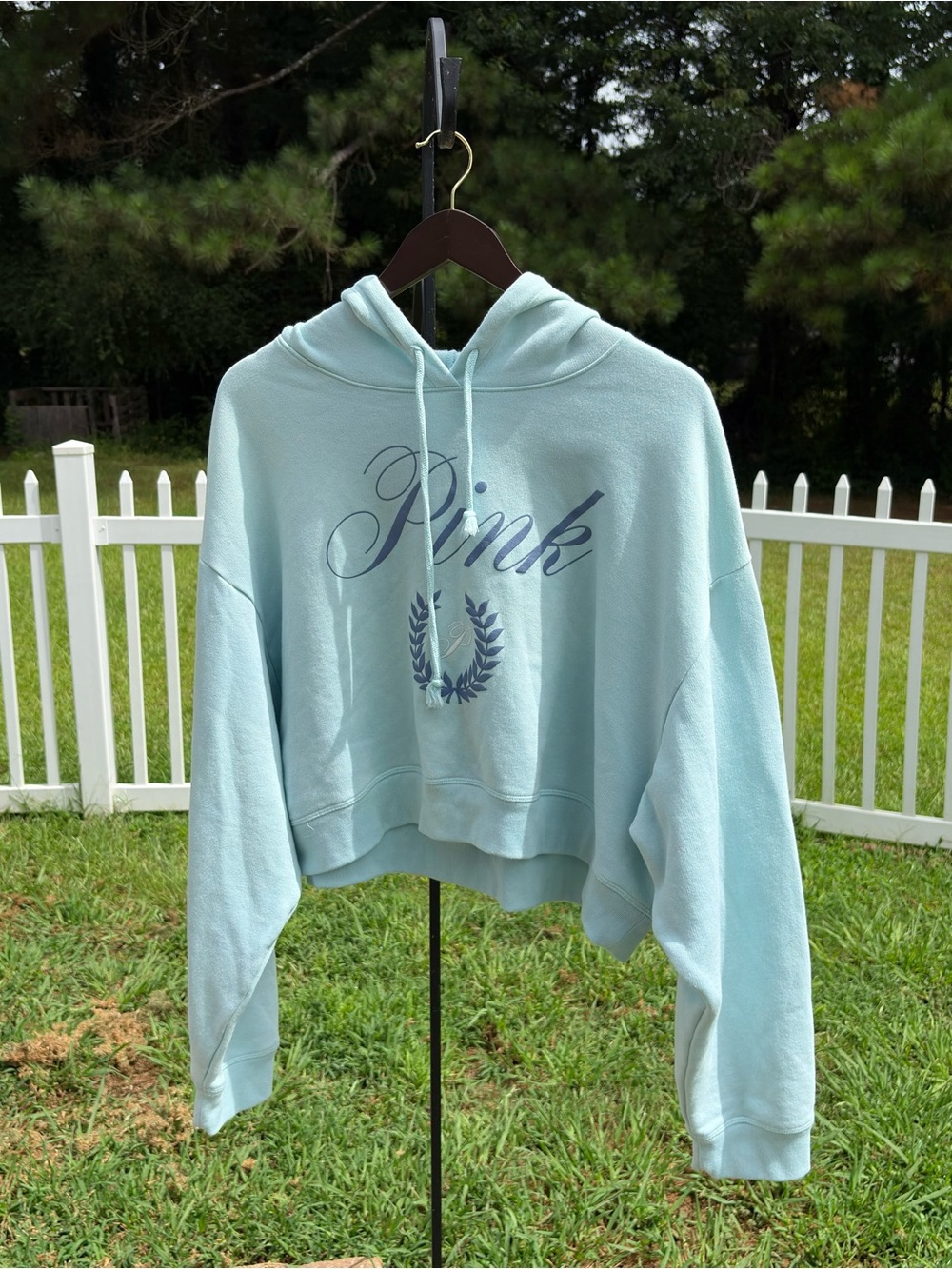 PINK Victoria's Secret Light Blue Cropped Hoodie with Script Logo